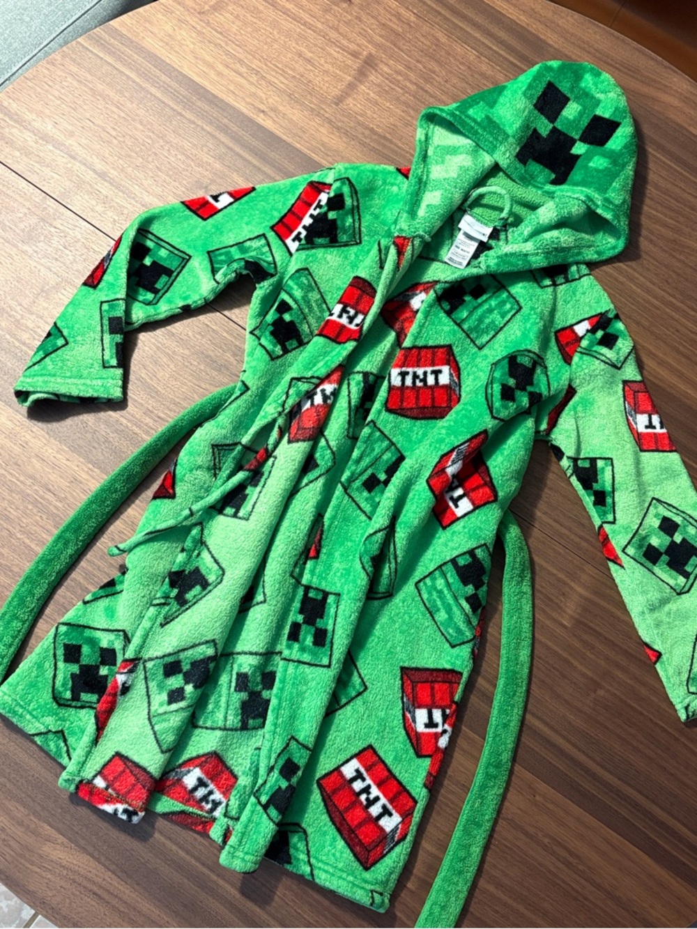 Kids Green Minecraft-Inspired Hooded Robe with TNT Print